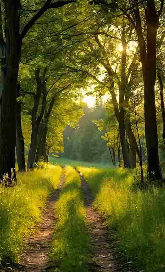 Пътека в гората и мека слънчева светлина